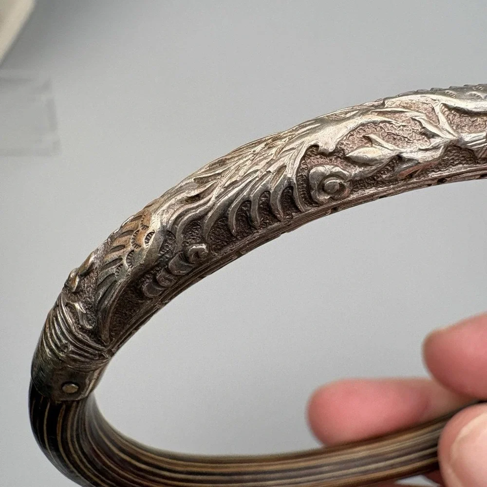 Vintage Chinese Silver Bangle Rattan Phoenix Bamboo Wood 8.25